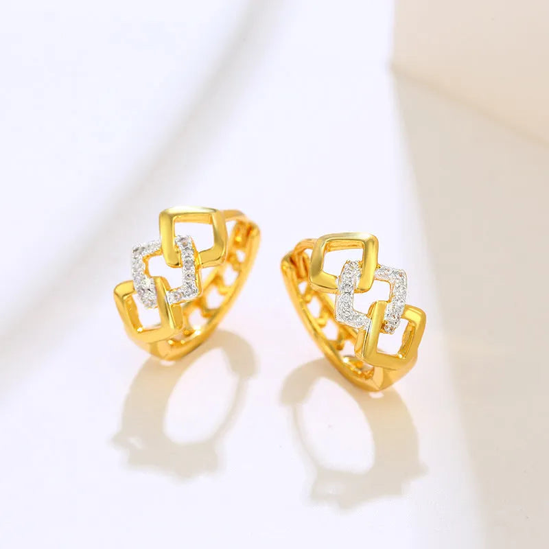 Geometric hollow gold earrings with colour separation ear clip closure