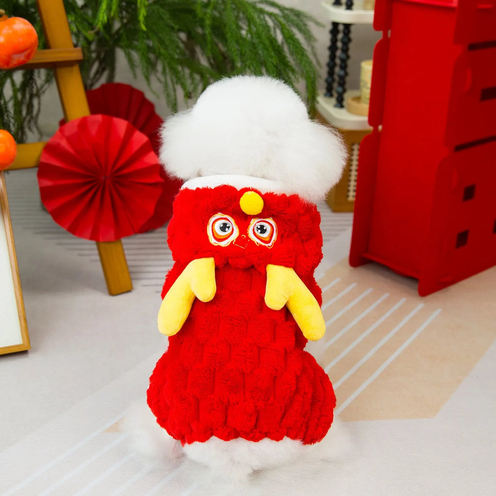Red double-sided velvet pet jacket with a cartoon Little Dragon design for dogs and cats.