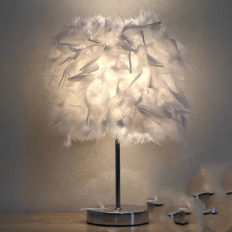 Feather bedside lamp with soft fur shade in pink, purple, red, white or wine red.