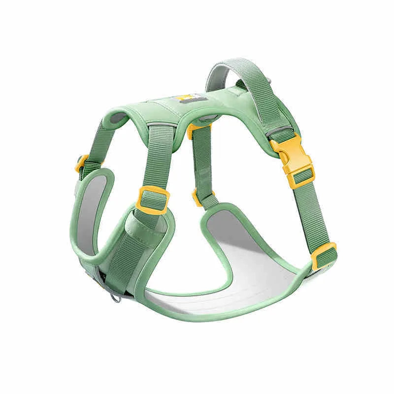 Adjustable dog harness with attached leash in avocado green colour showing chest strap design