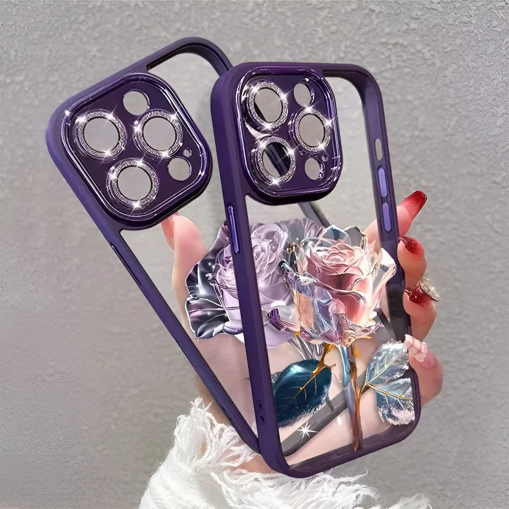 Dark Purple Fairy rose design TPU iPhone case with sparkling pink lens film for iPhone 11-14 models