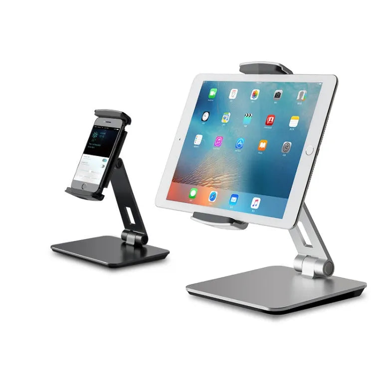 Foldable aluminium desktop stand holding a tablet at an angle.