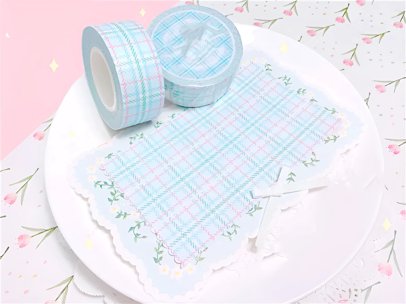 Eight rolls of decorative plaid paper tape in blue green pink purple and yellow with release paper backing 2cm x 10M