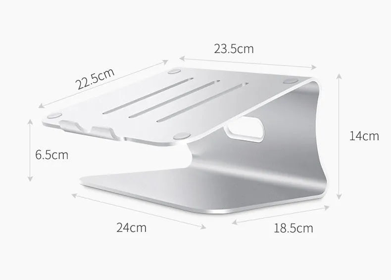 Aluminium laptop cooling stand in grey with rotary hinge for angle adjustment on a wooden desk