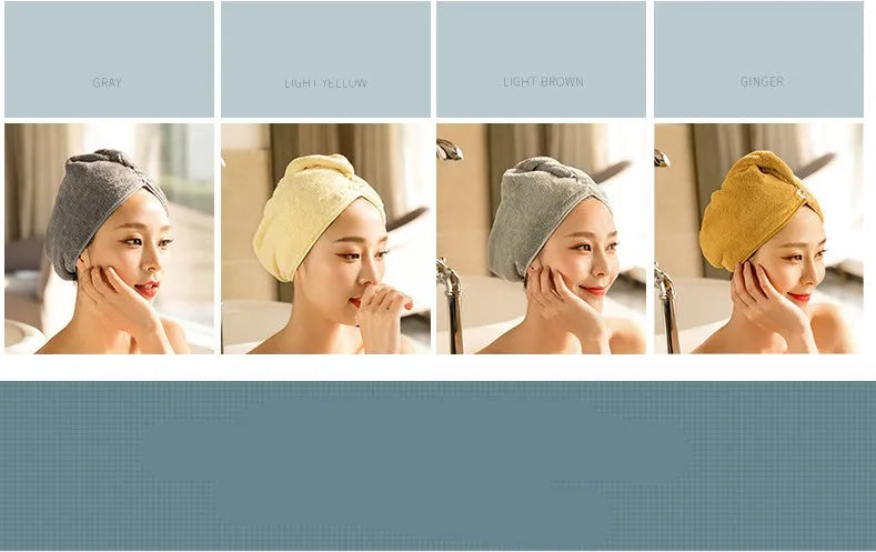 Microfiber hair dryer cap for women, shown in assorted colours including pink and blue.