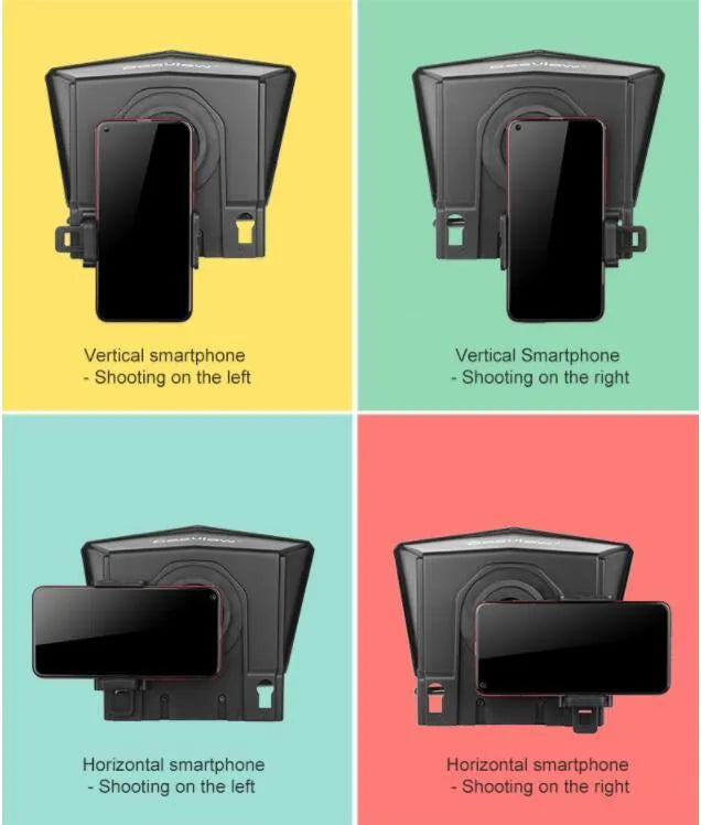 Black portable teleprompter with 115x110mm glass mirror, 200g body, and 49-77mm adapter rings for phone and tablet recording.