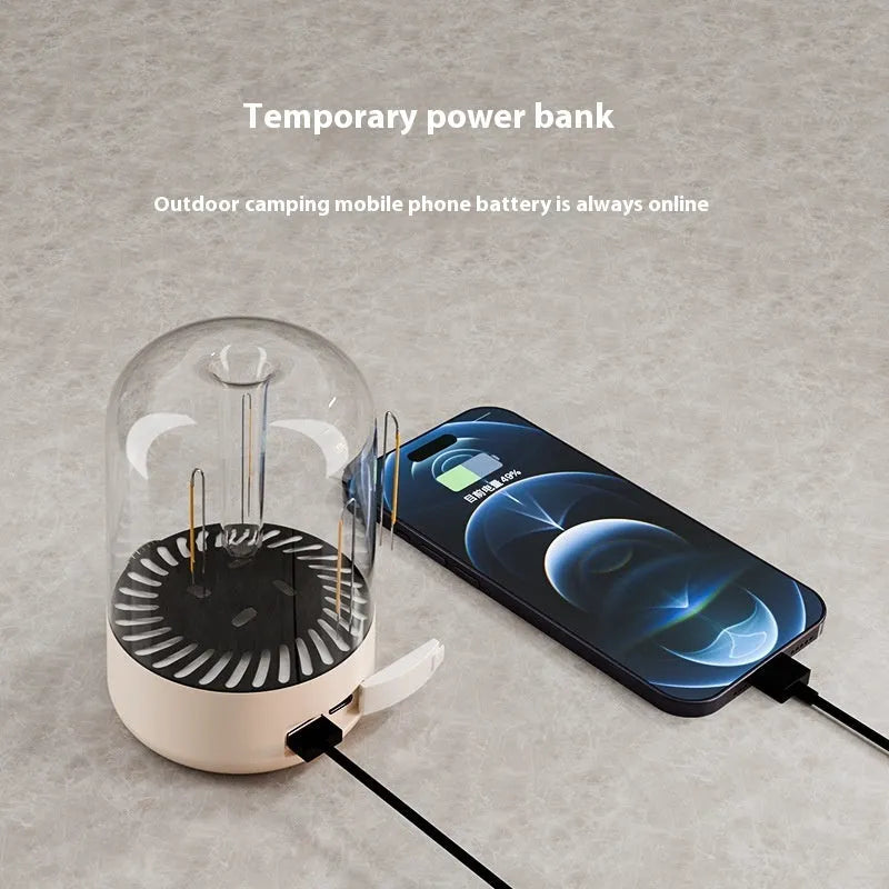 Beige and black camping light with dual lamp beads, control knob, and USB port for device charging