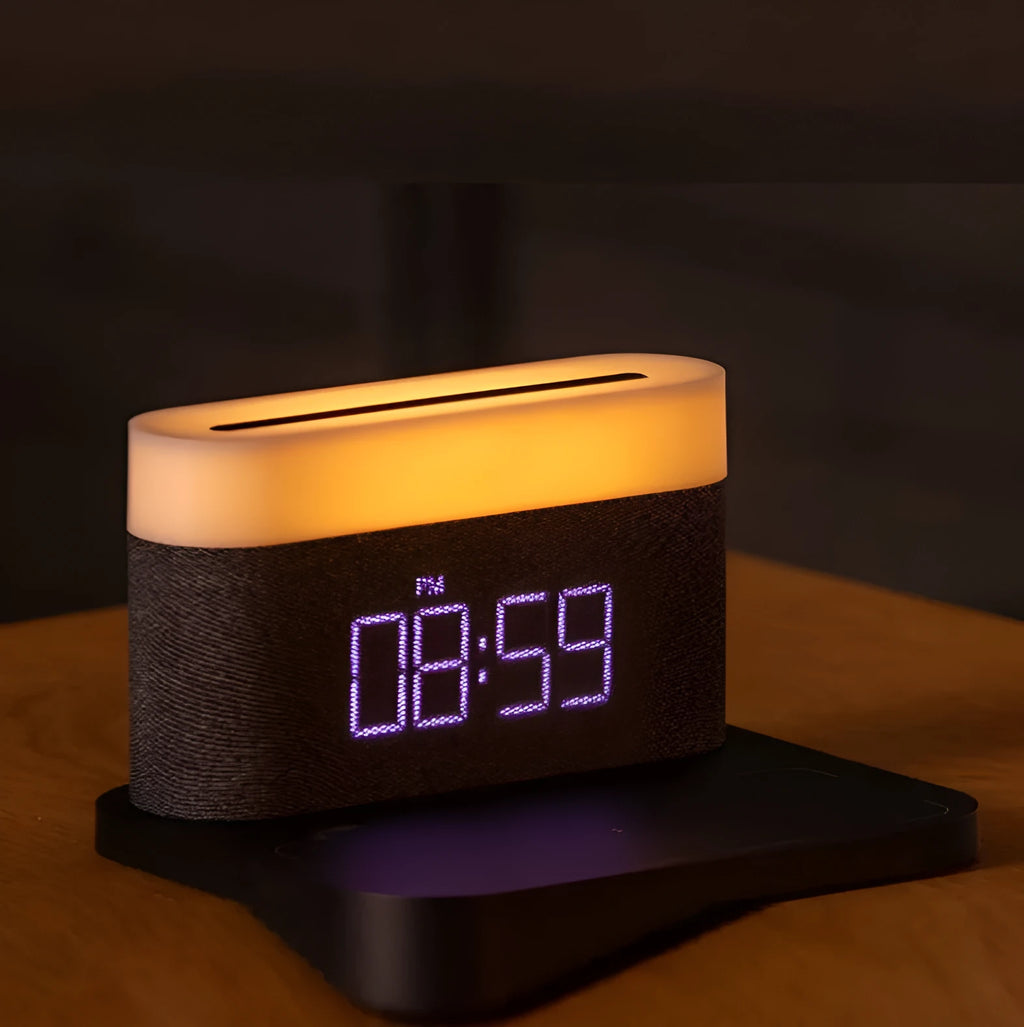 Black and white multifunction wireless charging bedside lamp with digital clock display