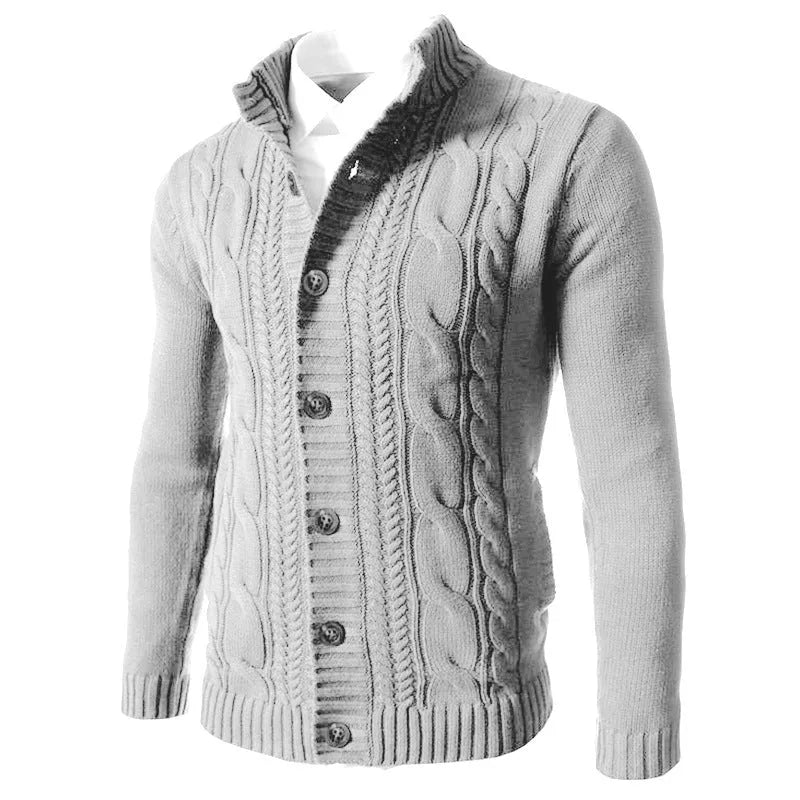 Men's stand collar acrylic knit cardigan, long sleeve, button front, ribbed hem, in black, blue, green, grey, and red