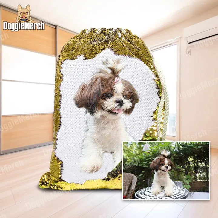 Custom purple sequins drawstring backpack with personalised pet photo printing, 34 x 45 cm dimensions