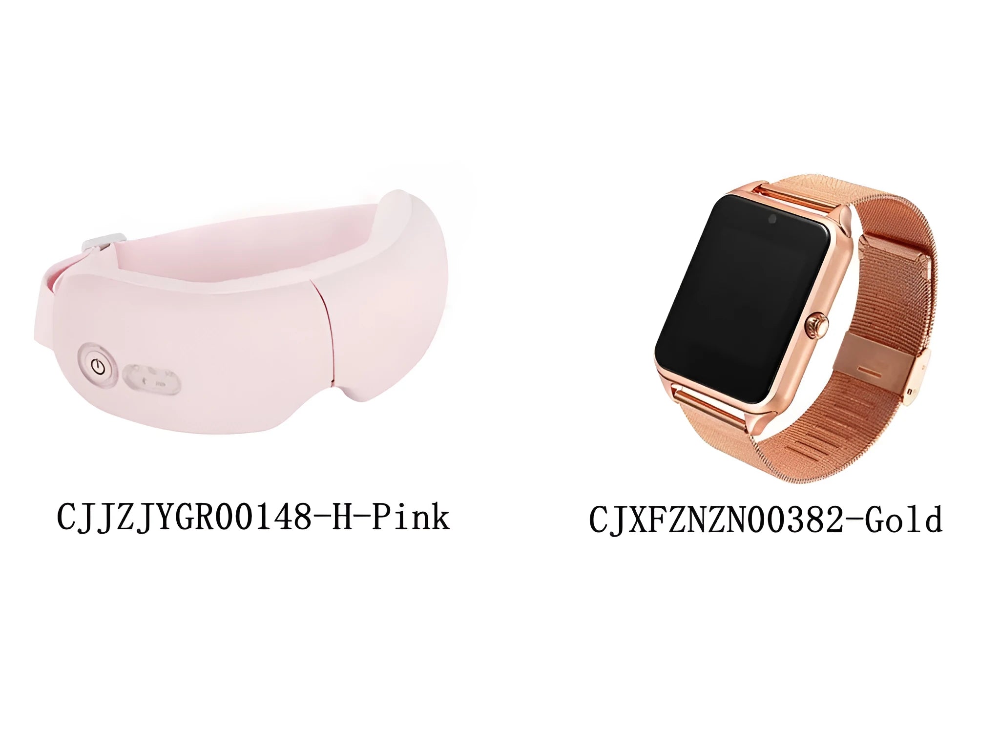 White and pink smart watch and eye massager with suede cloth mask on display