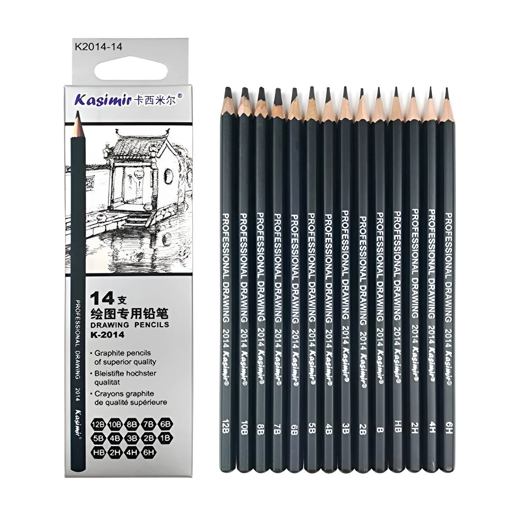 Boxed set of 14 black drawing pencils with hardness grades from 6H to 12B, each 18cm long