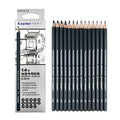 Boxed set of 14 black drawing pencils with hardness grades from 6H to 12B, each 18cm long