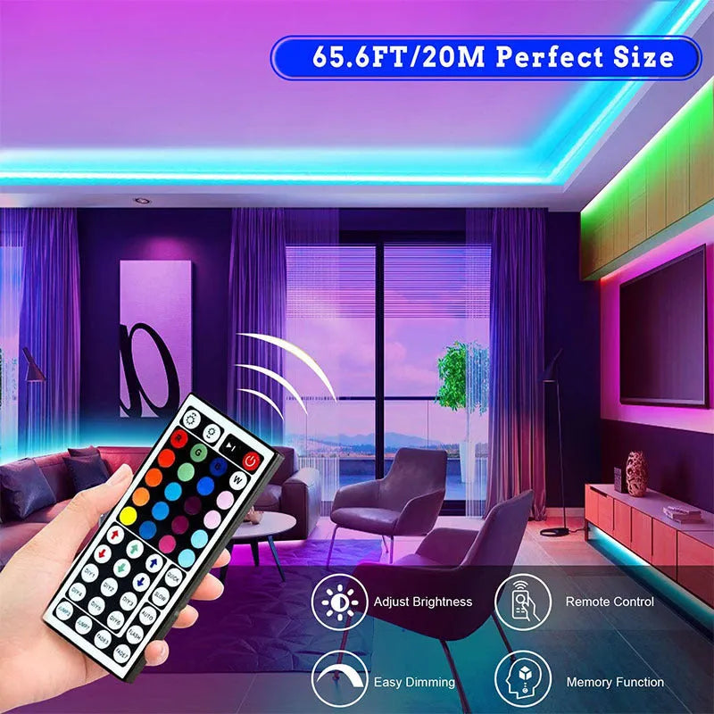 20-metre RGB LED strip light with 360 SMD 5050 diodes and 44-key remote control for room decoration