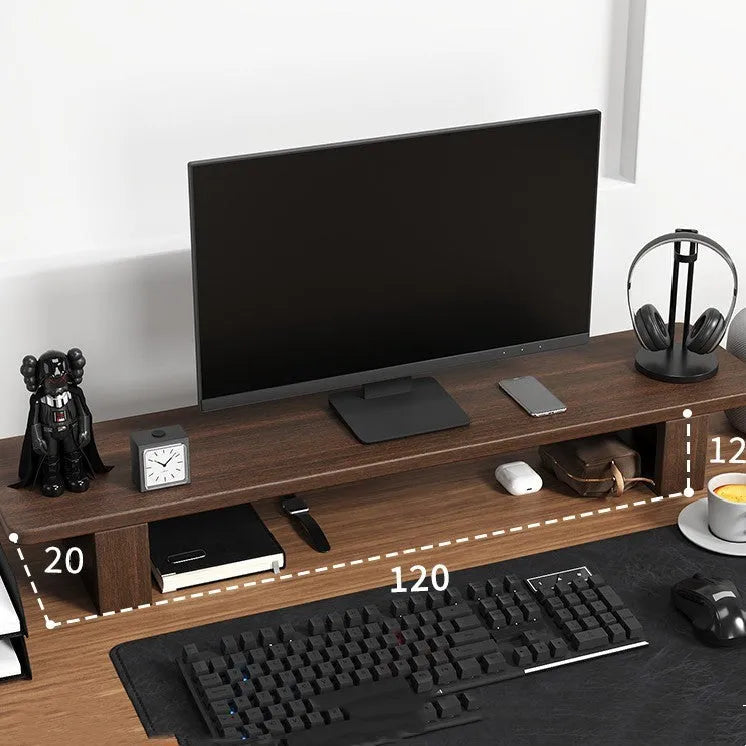 solid walnut wood computer monitor heightening frame on a desk with extra storage underneath
