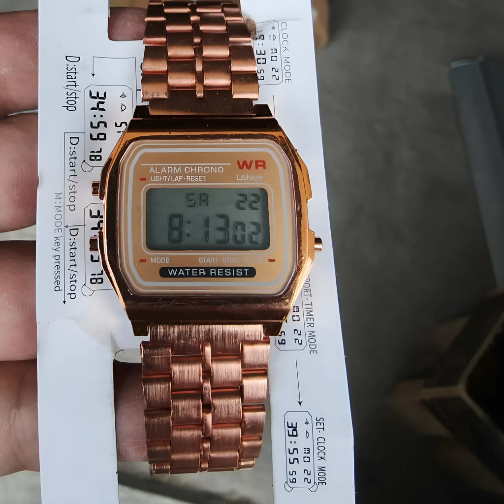 Rose gold analogue watch with round stainless steel case, luminous hands, and date display on a white background