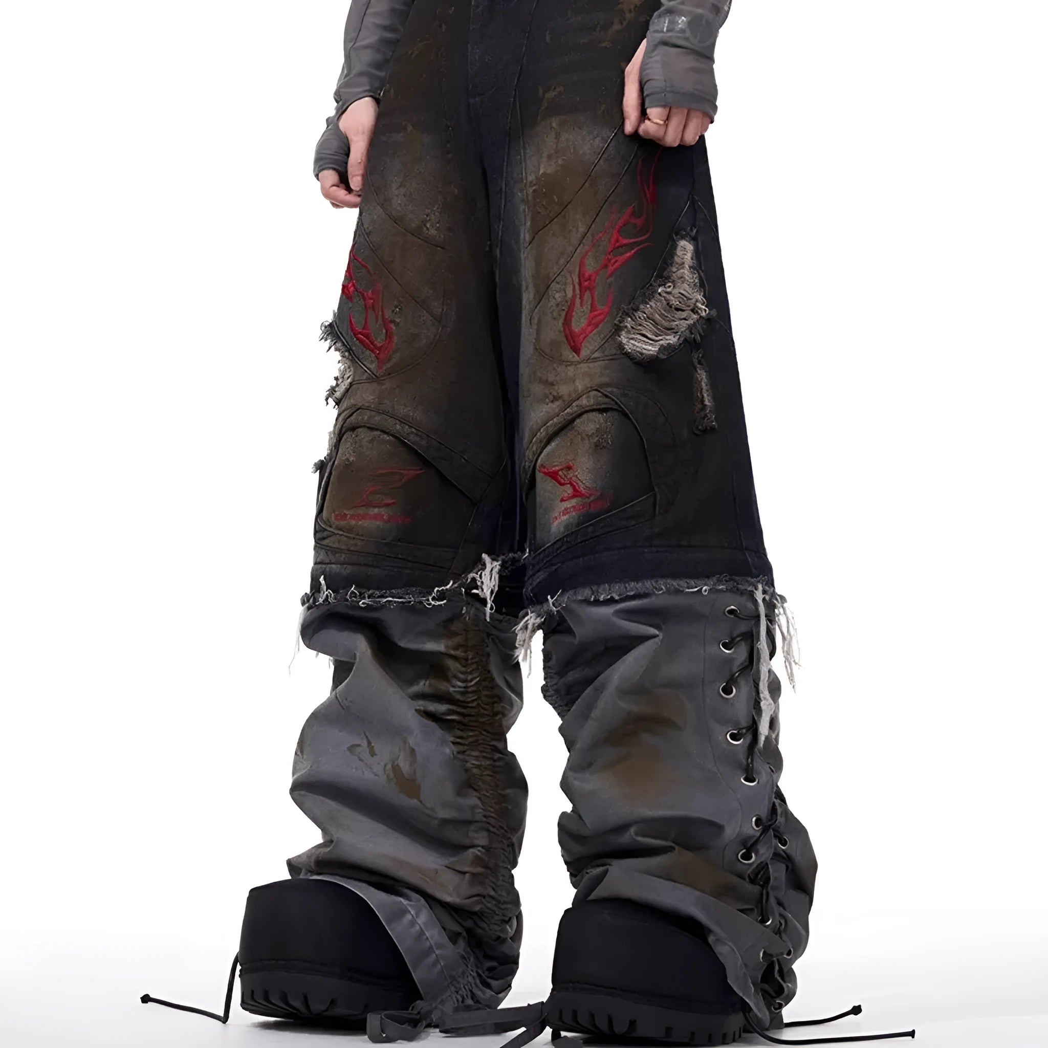 Man wearing mid-high waist wide leg denim jeans with detachable trouser legs in a picture colour.
