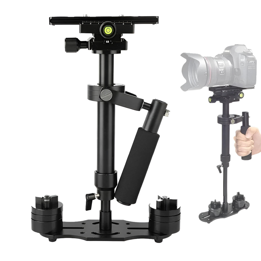 Black aluminium handheld camera stabilizer with adjustable height on a table.
