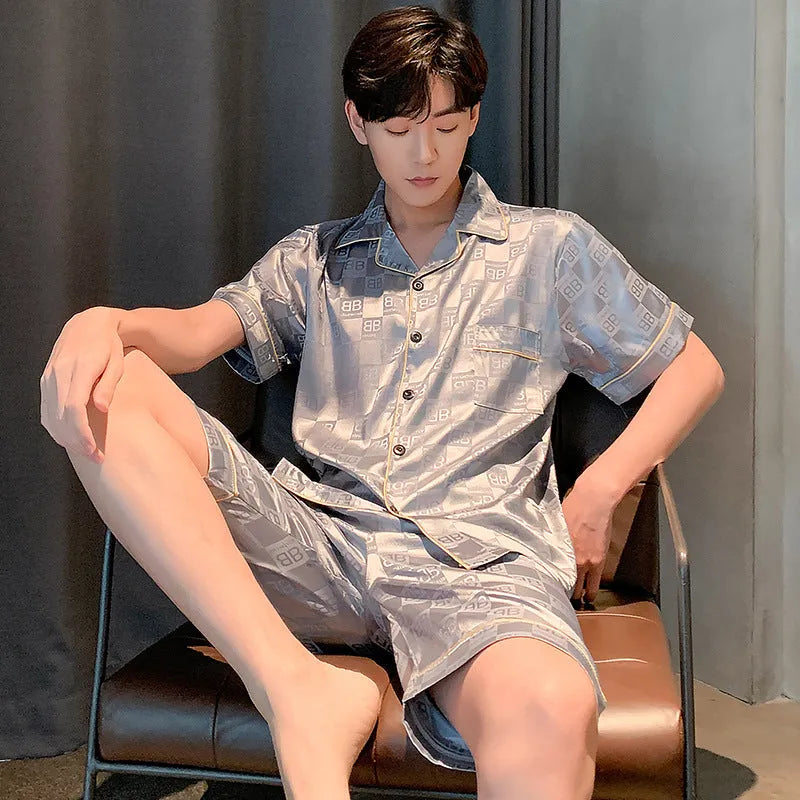 Men's ice silk summer pajama suit in loose fit, short sleeve top and shorts, plus size L to XXXL