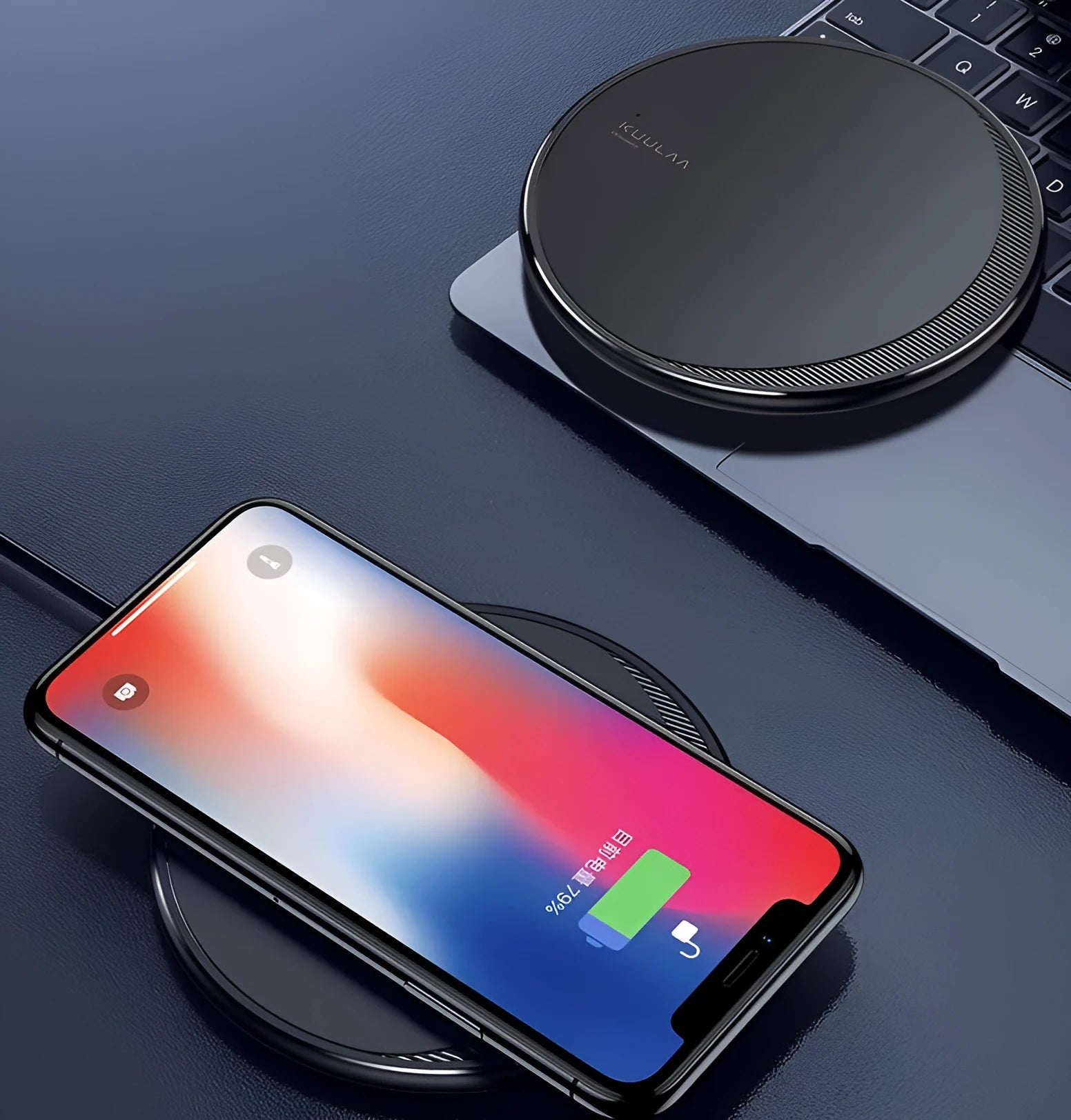Black Kuulaa KL-CD16 circular wireless charging pad for mobile phones with LED light.