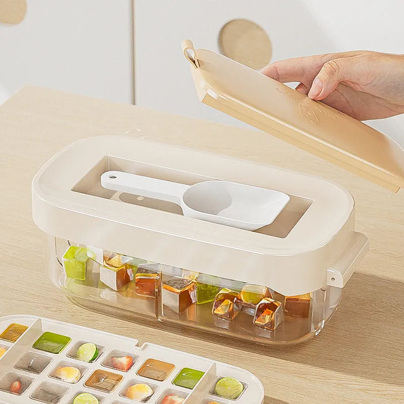 Food grade high-capacity ice cube tray in chosen colour with ice grid and storage for shovel.