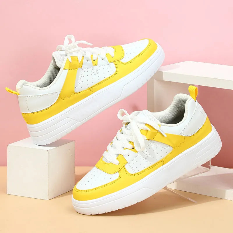 Platform sneakers soft bottom lace up mid heel 3-5cm round toe casual shoes artificial PU upper mesh lining black white