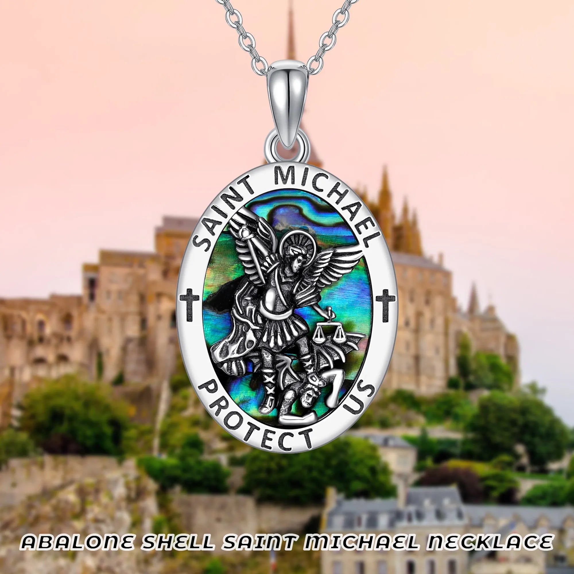 Saint Michael coin medal pendant in 925 sterling silver with white gold plating and abalone stone on 20 inch chain