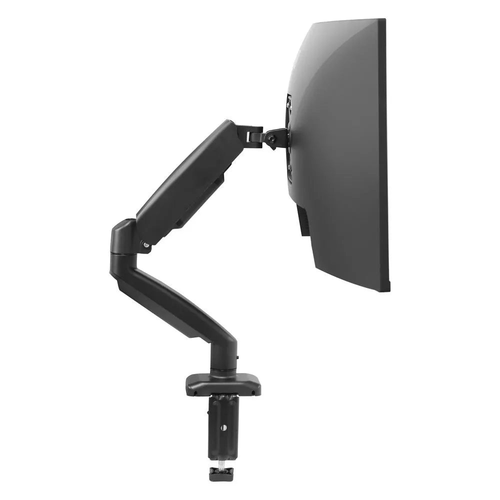 Black LCD screen rotating telescopic bracket elevated on desk with adjustable height and angle