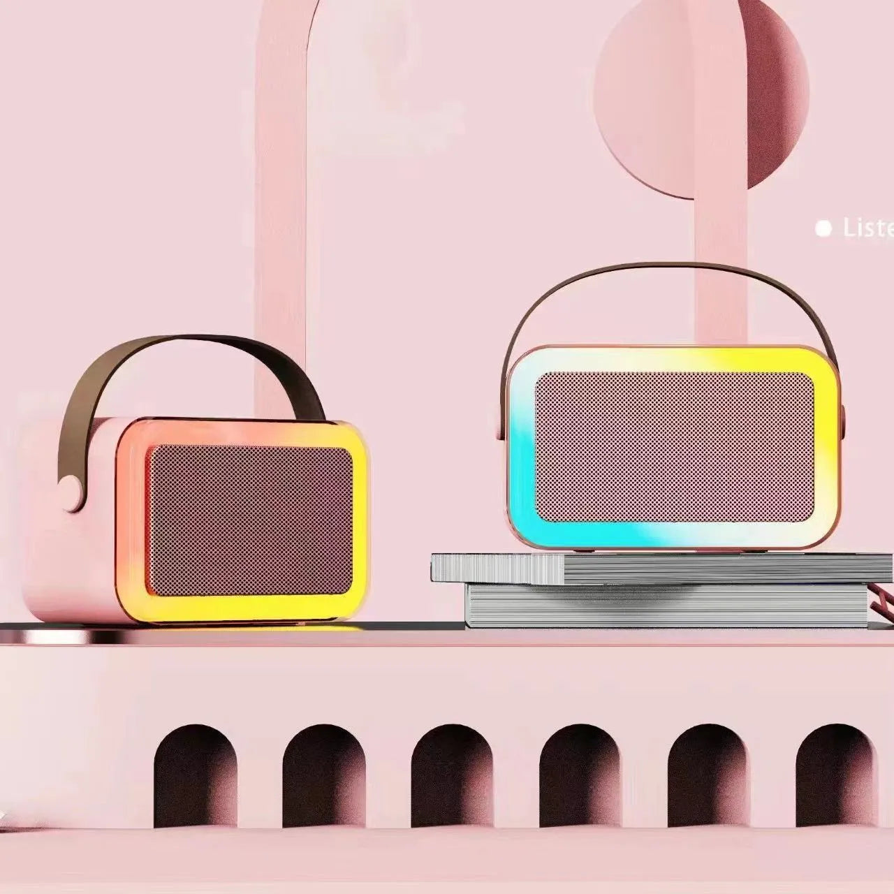 Portable Bluetooth karaoke speaker with microphone and coloured LED lights in pink, sky blue, and white colour options.