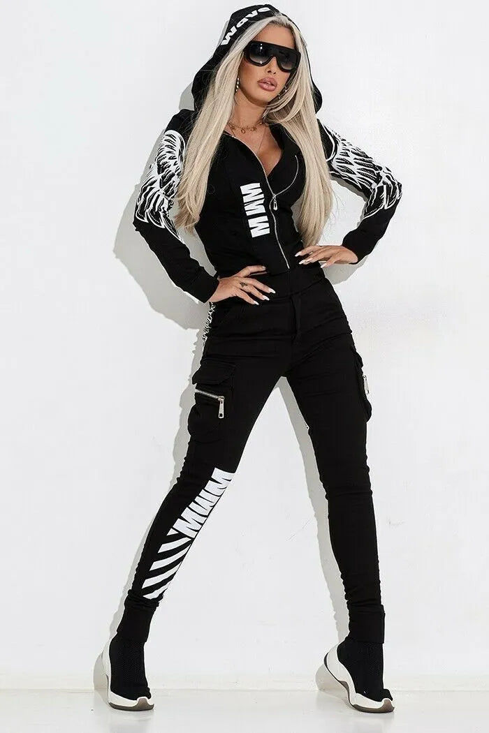 Black women's casual suit with wings print, featuring a hooded zip top and matching trousers.