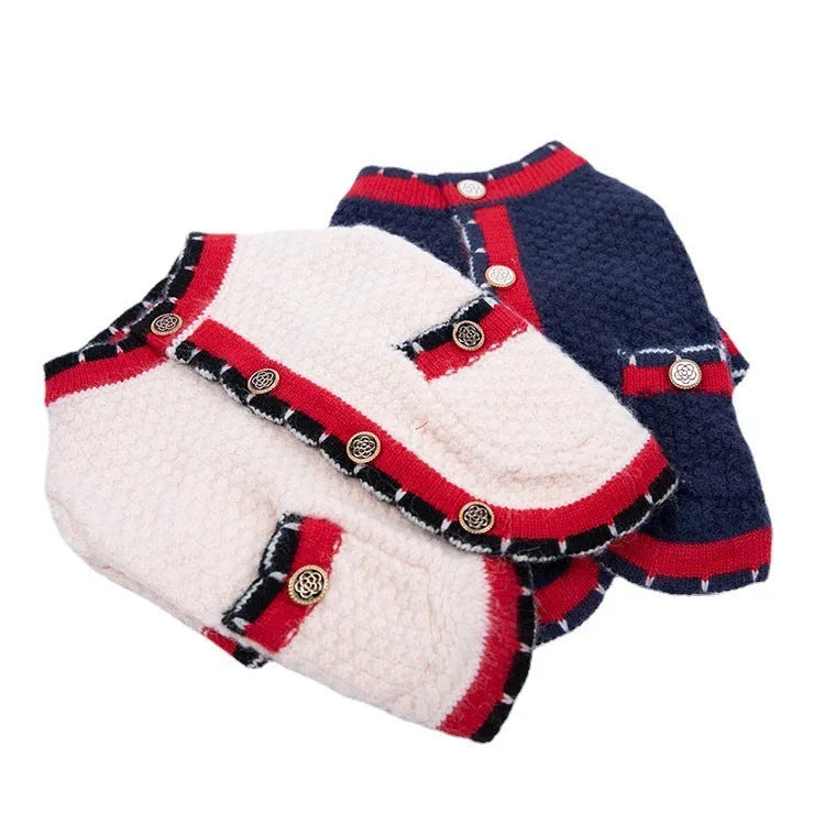 Blue knitted pet sweater cardigan with princess style design for dogs and cats