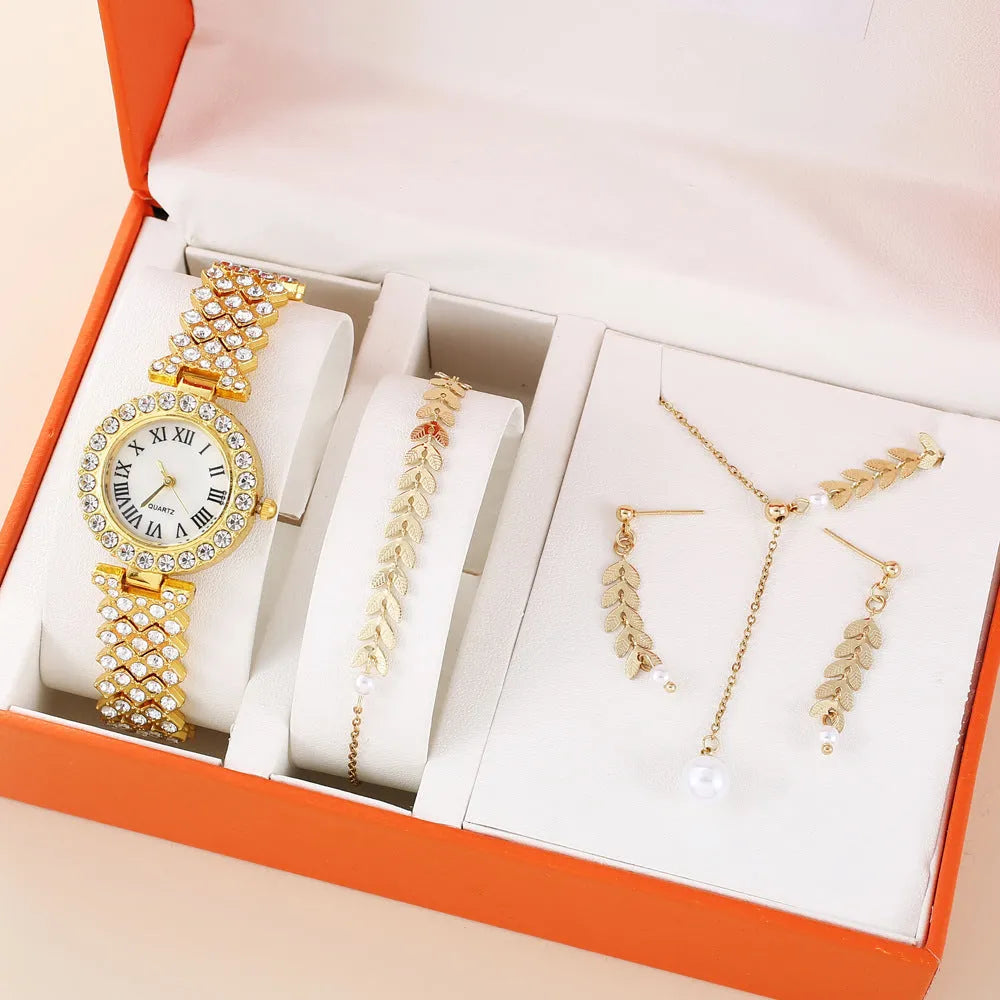 Women's diamond quartz watch set with rhinestones and jewellery in rose gold finish