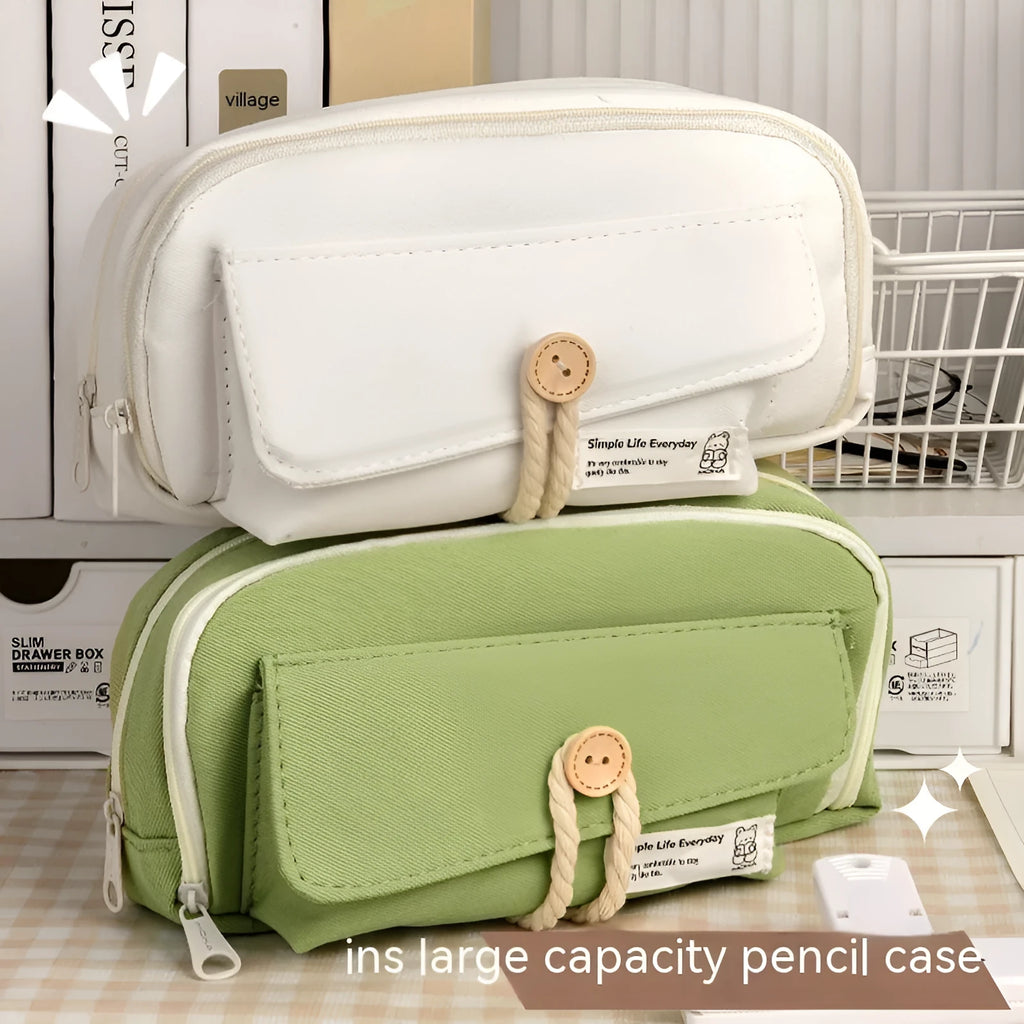 Green Korean style canvas pencil case open showing pen storage capacity
