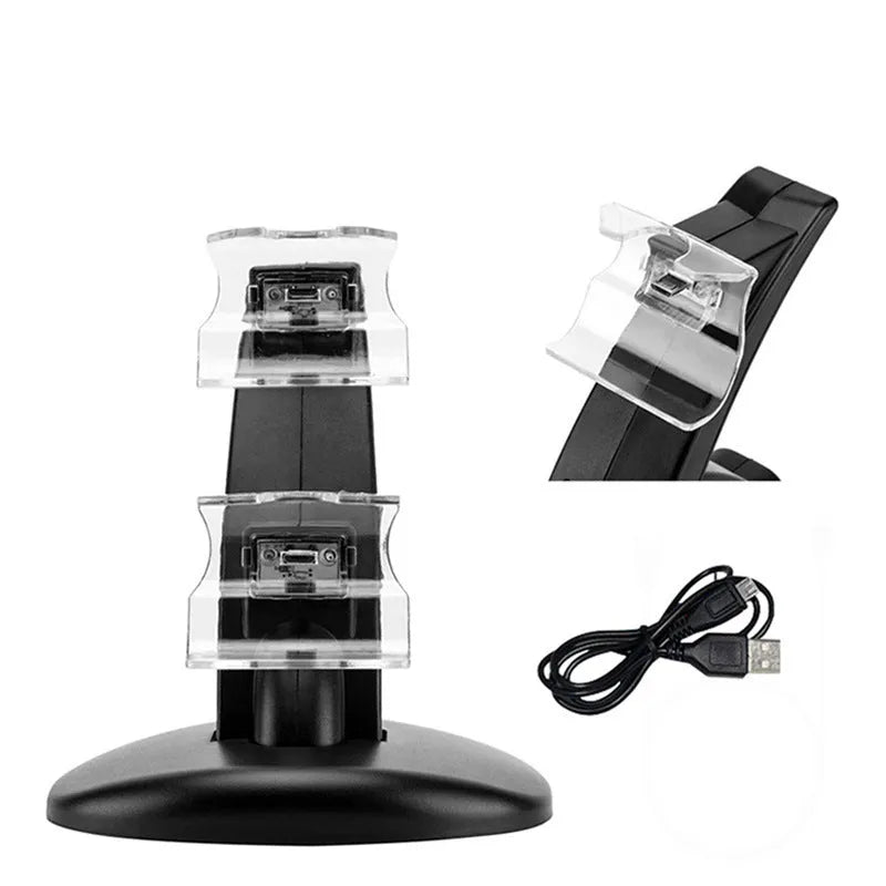 Black dual charging stand holding two Xbox One controllers upright.