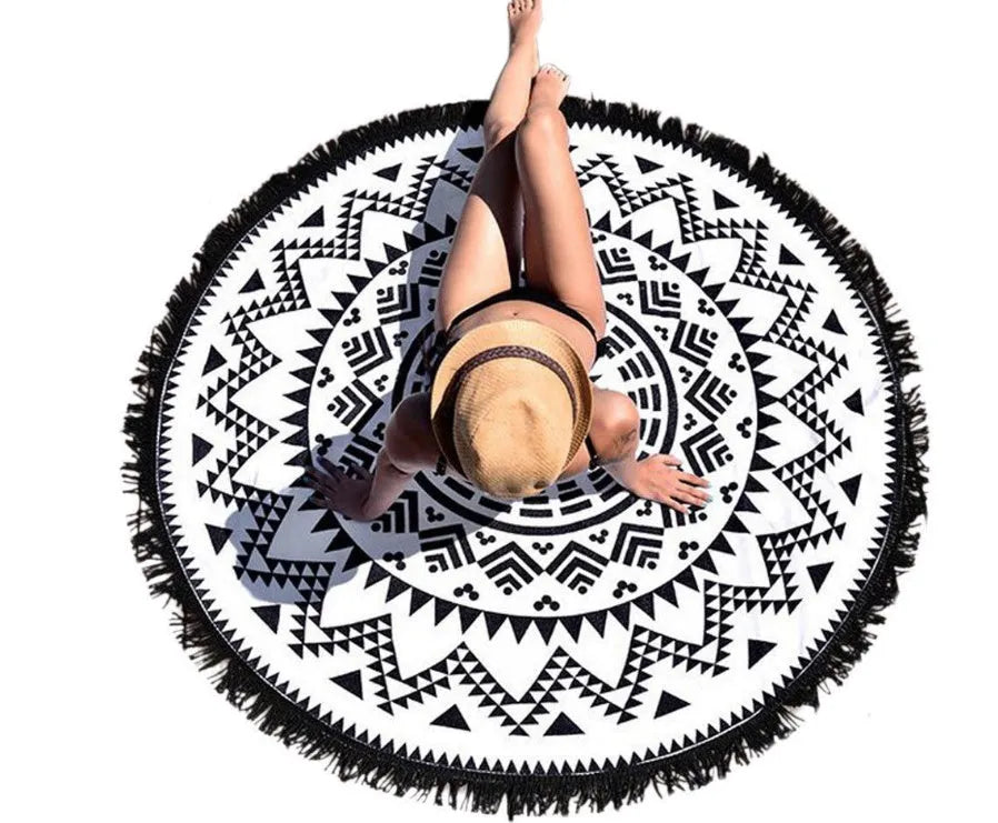 Round printed polyester beach mat with tassel fringe in colour combination design 150cm diameter for seaside yoga
