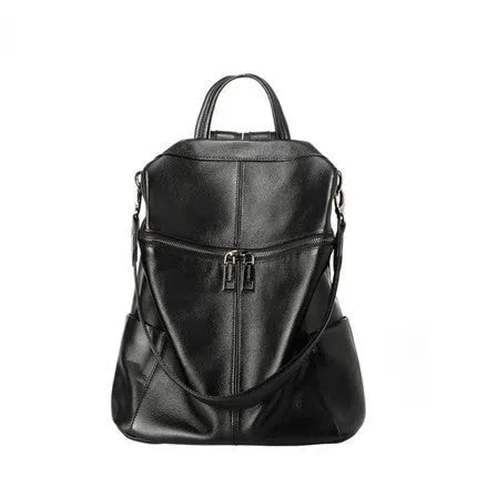 Genuine leather women's retro backpack showing sewing thread details and sandwich pocket