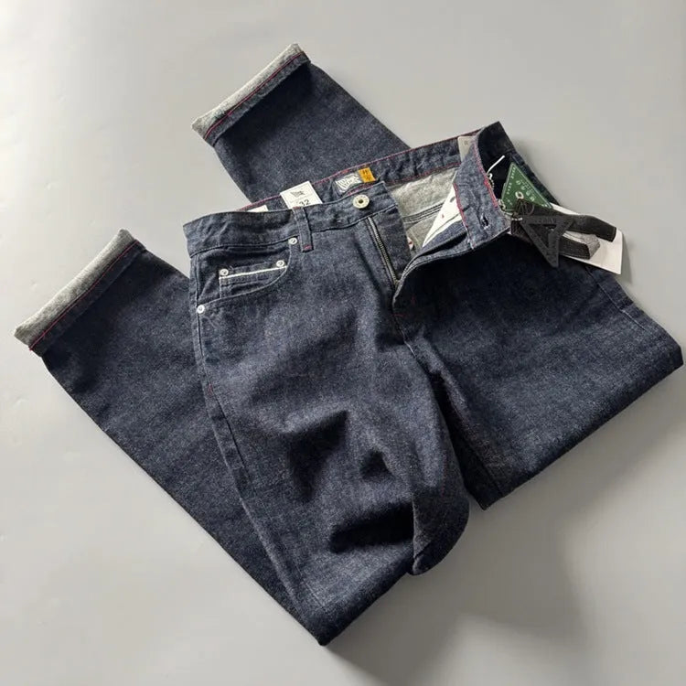 Men's straight leg American retro jeans in primary colour, showing mid-waist fit on a size chart.