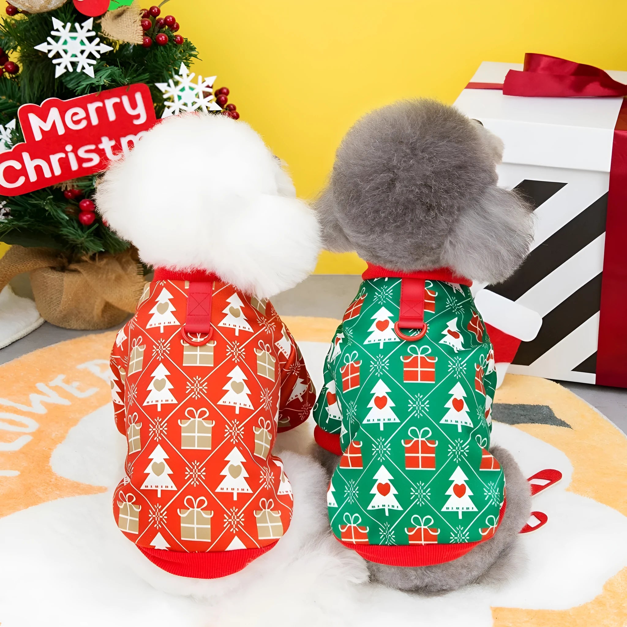 Green dog Christmas jumper with festive tree design, showing hoodie style and polyester fabric texture