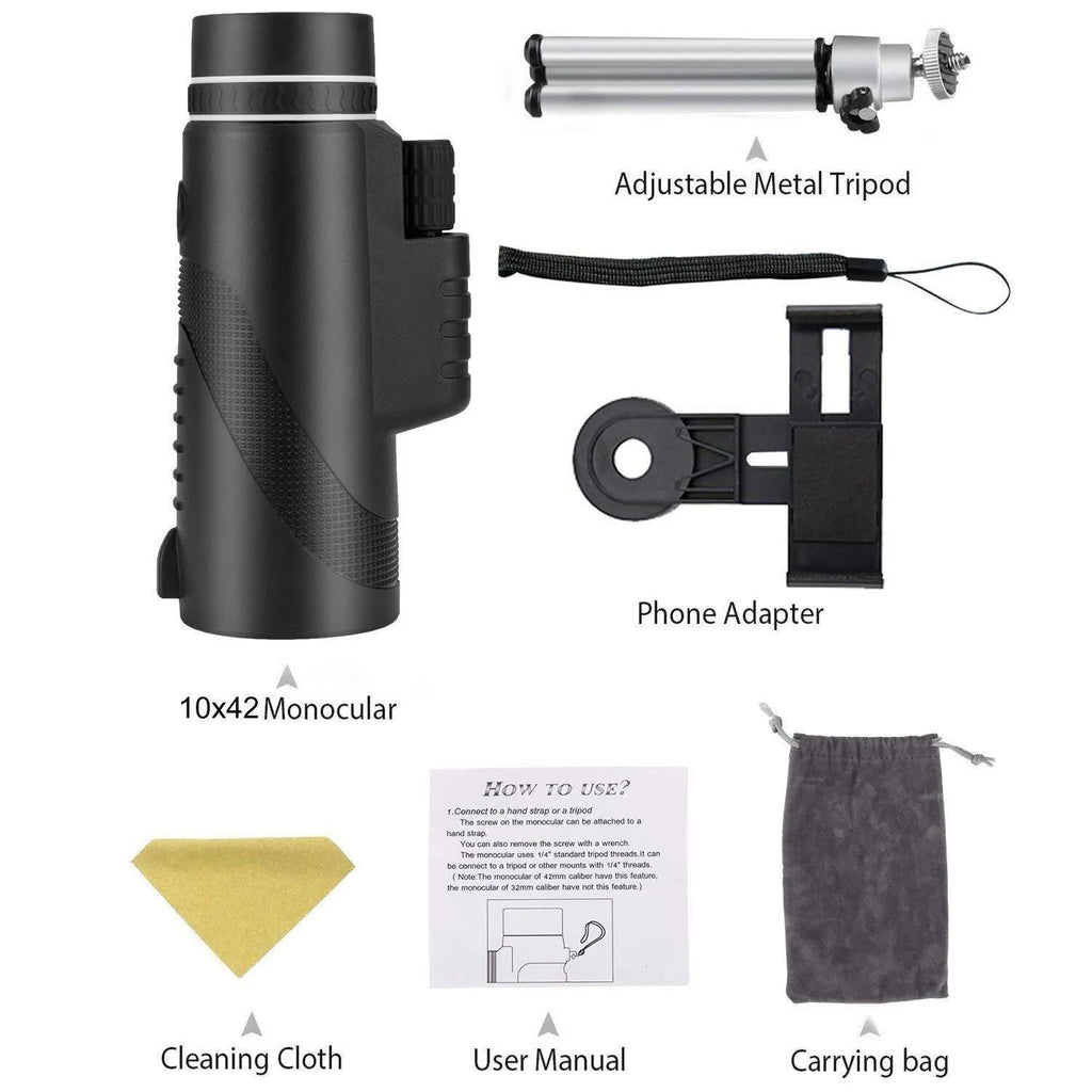 Black 40x60 monocular telescope with mobile phone attachment for photography on a table.