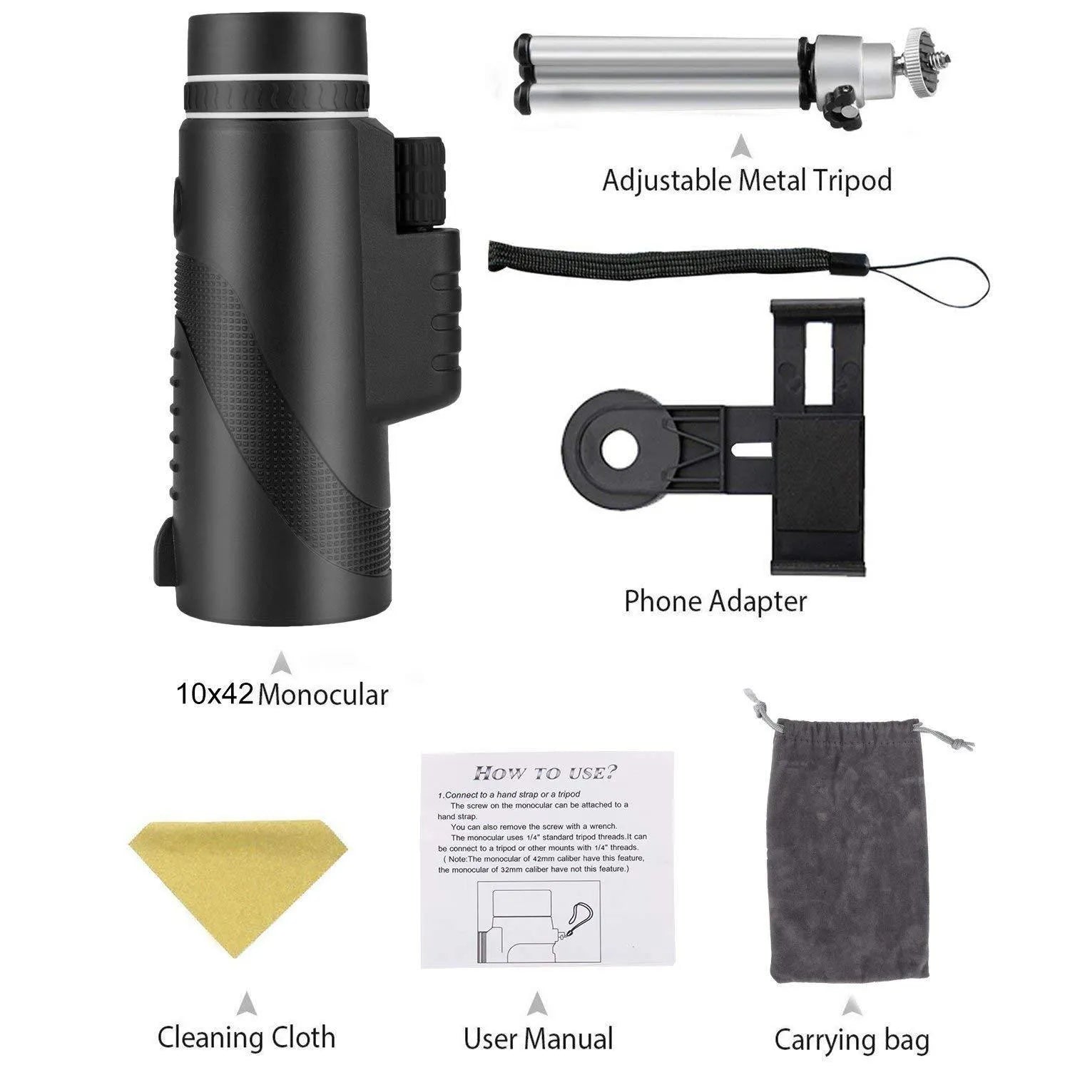 Black 40x60 monocular telescope with mobile phone attachment for photography on a table.