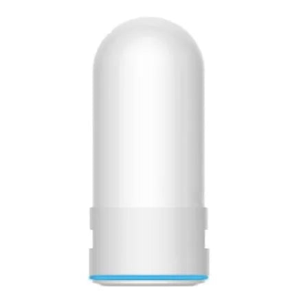White plastic faucet water filter unit with adapters and ceramic cartridge for kitchen tap installation.