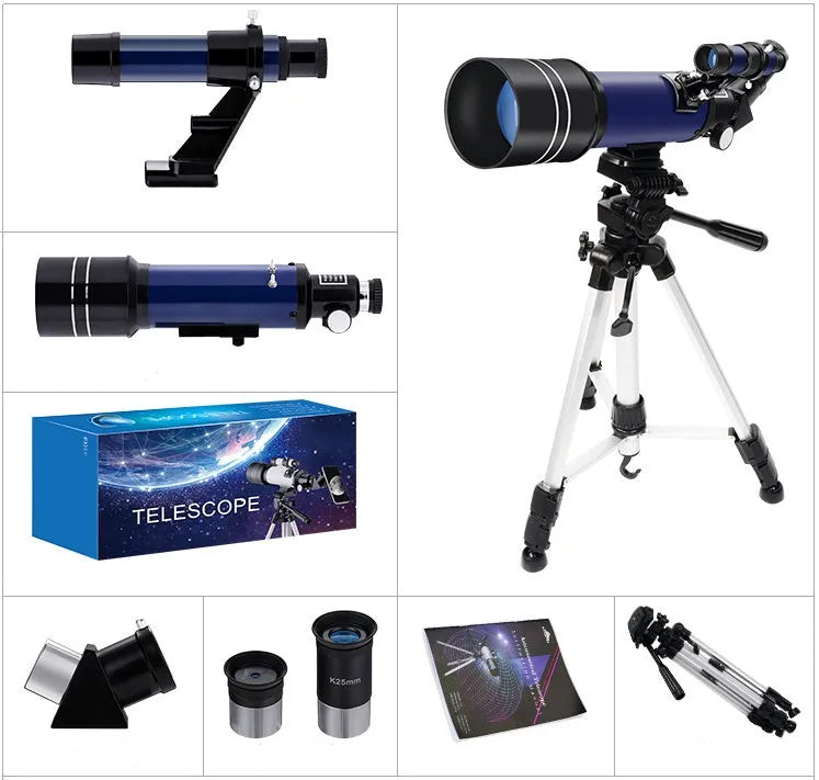 70mm refractor telescope in dark blue with tabletop tripod and finder scope for moon watching