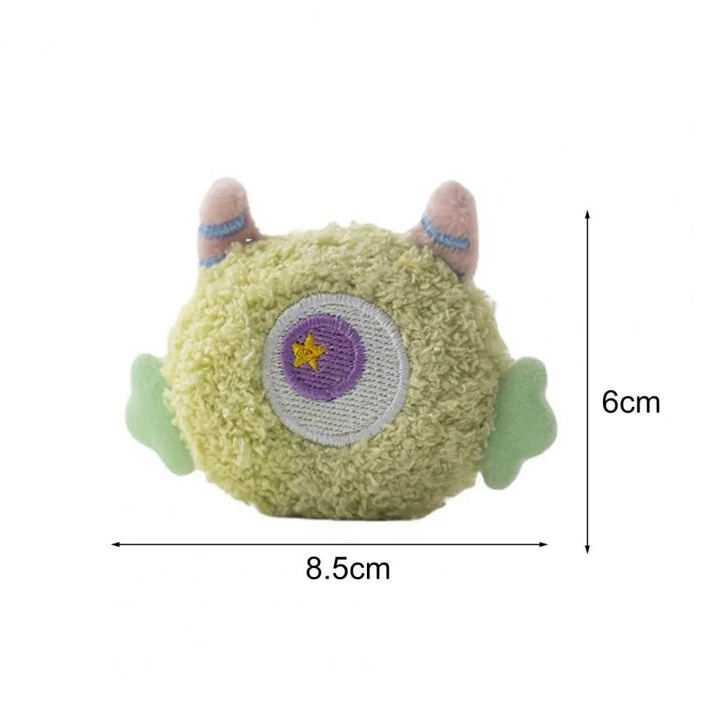 Cartoon-shaped plush dog chew toy with large eyes and squeaker sound feature