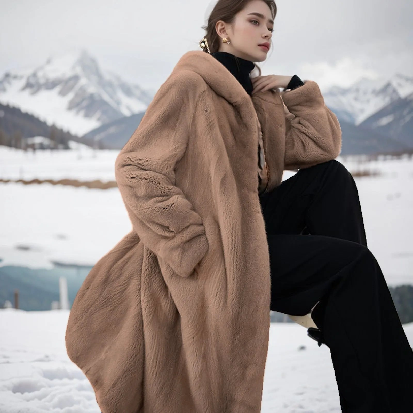 Long brown leopard print artificial fur coat for women on a hanger, showing its loose, lengthened fit.