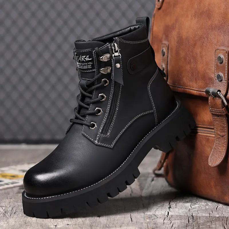 Men's brown leather high-top Martin boots with a side zipper and mid-heel on a wooden floor.