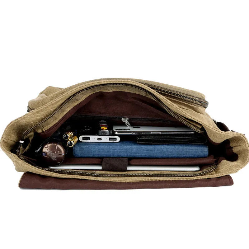 High density canvas retro travel bag in solid khaki colour with visible sewing thread detailing
