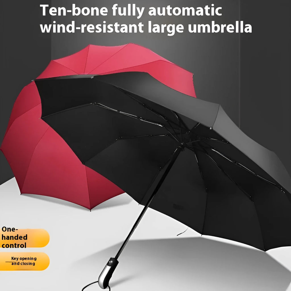 Automatic open black business umbrella with steel ribs in a triple-folded position.