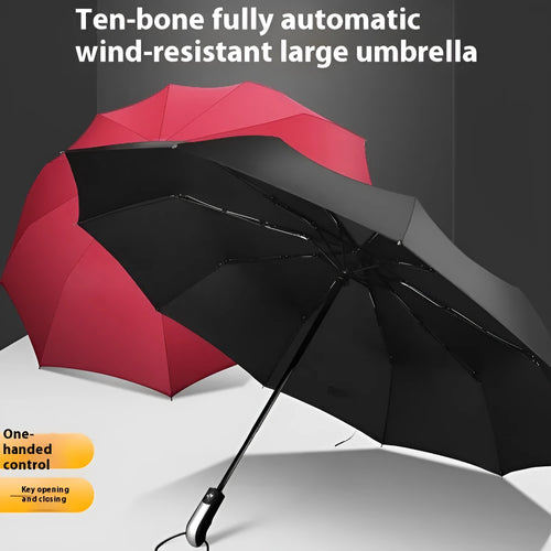 Automatic triple-folding business umbrella with a large black canopy, showing the rubber handle and steel ribs.