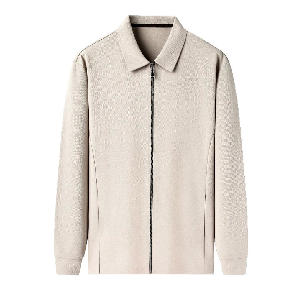 Men's polyester casual business jacket in black, dark gray, or apricot with regular long sleeves and straight hem