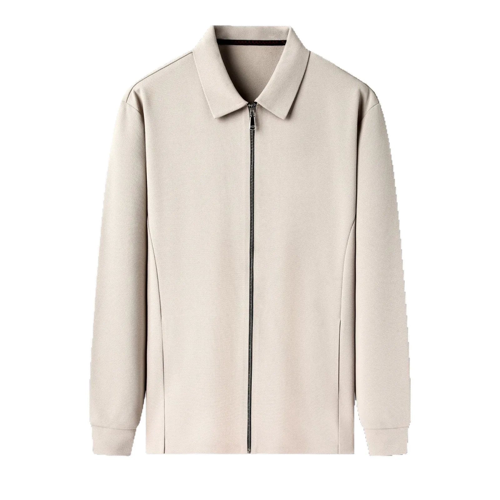 Men's polyester casual business jacket in black, dark gray, or apricot with regular long sleeves and straight hem